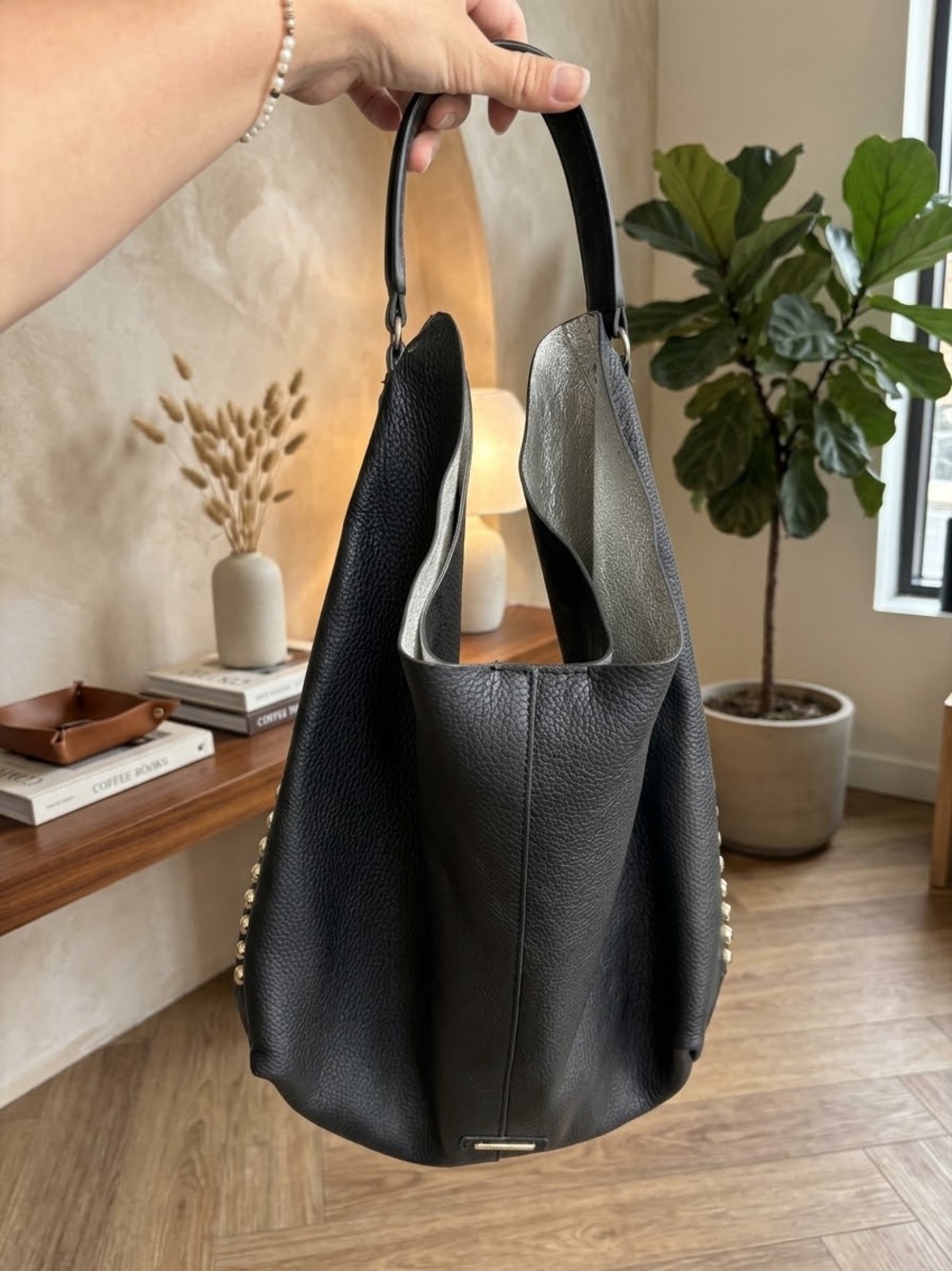 Rebecca Minkoff Black Pebbled Leather Studded Hobo Shoulder Bag - EUC